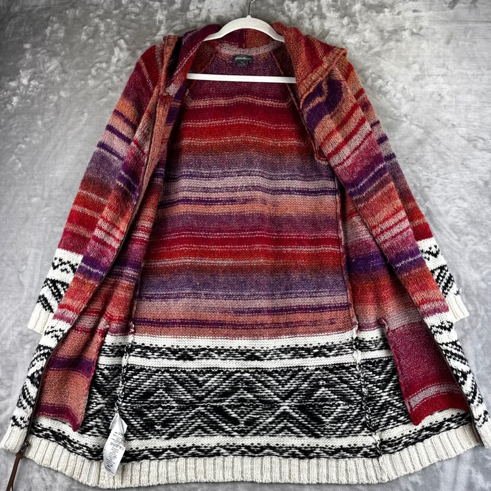Eddie Bauer Cardigan‎ Women M Multicolor Striped Fair Isle Hooded Zip (1573) - Picture 3 of 8